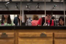 Students peruse lab safety handouts