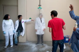Professor Evans is doused under a safety shower