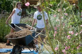 UCI students transport mulch at a community garden as part of the campuss Summer Institute for Sustainability Leadership program.