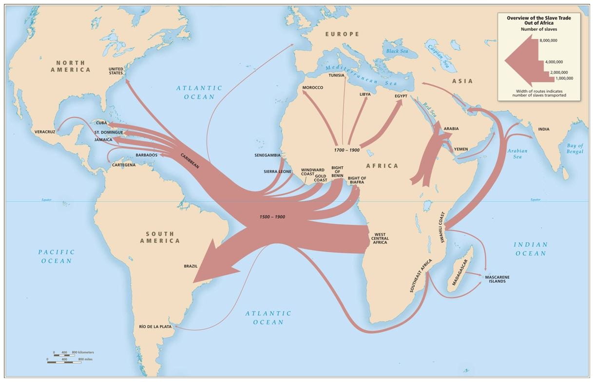 Map of the slave trade out of Africa, 1500-1900.