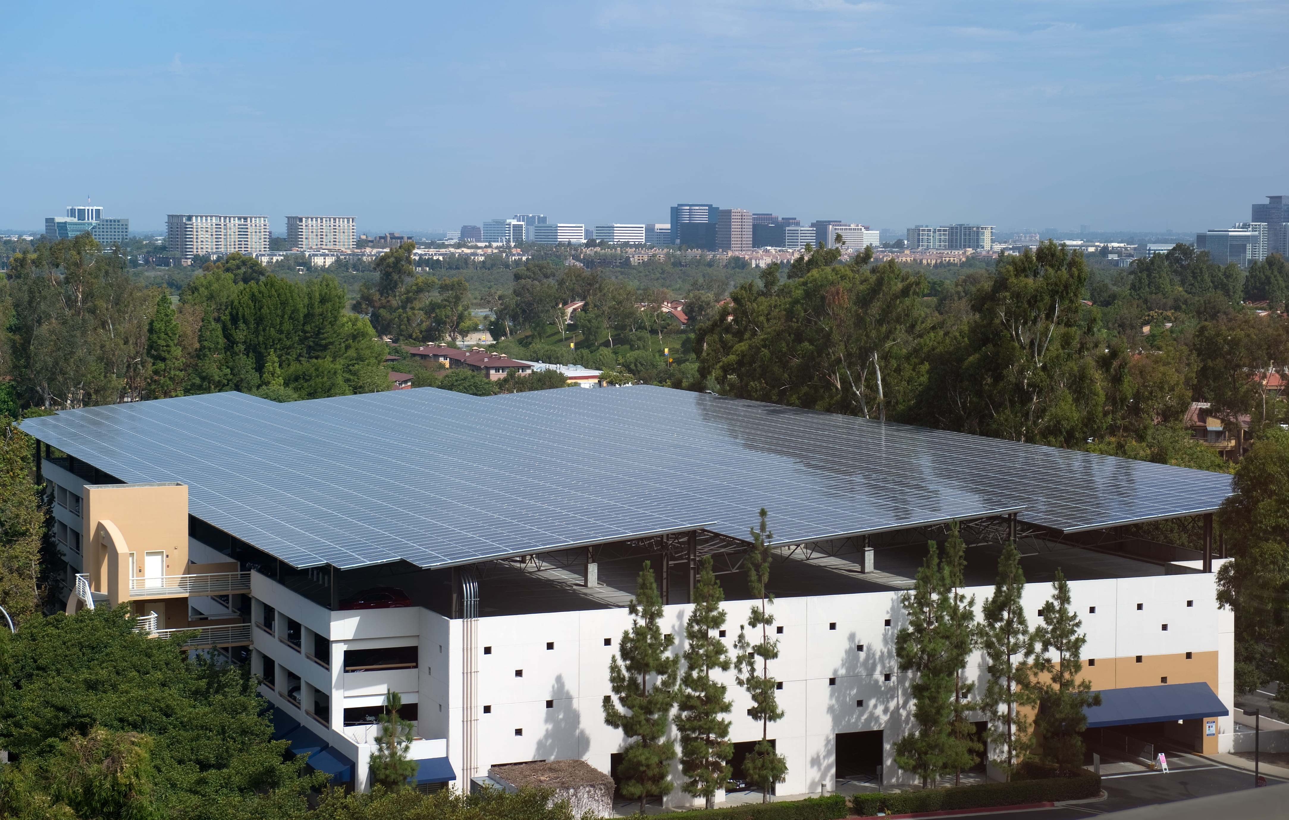 Solar panels cover the roof of UCI’s Student Center Parking Structure.