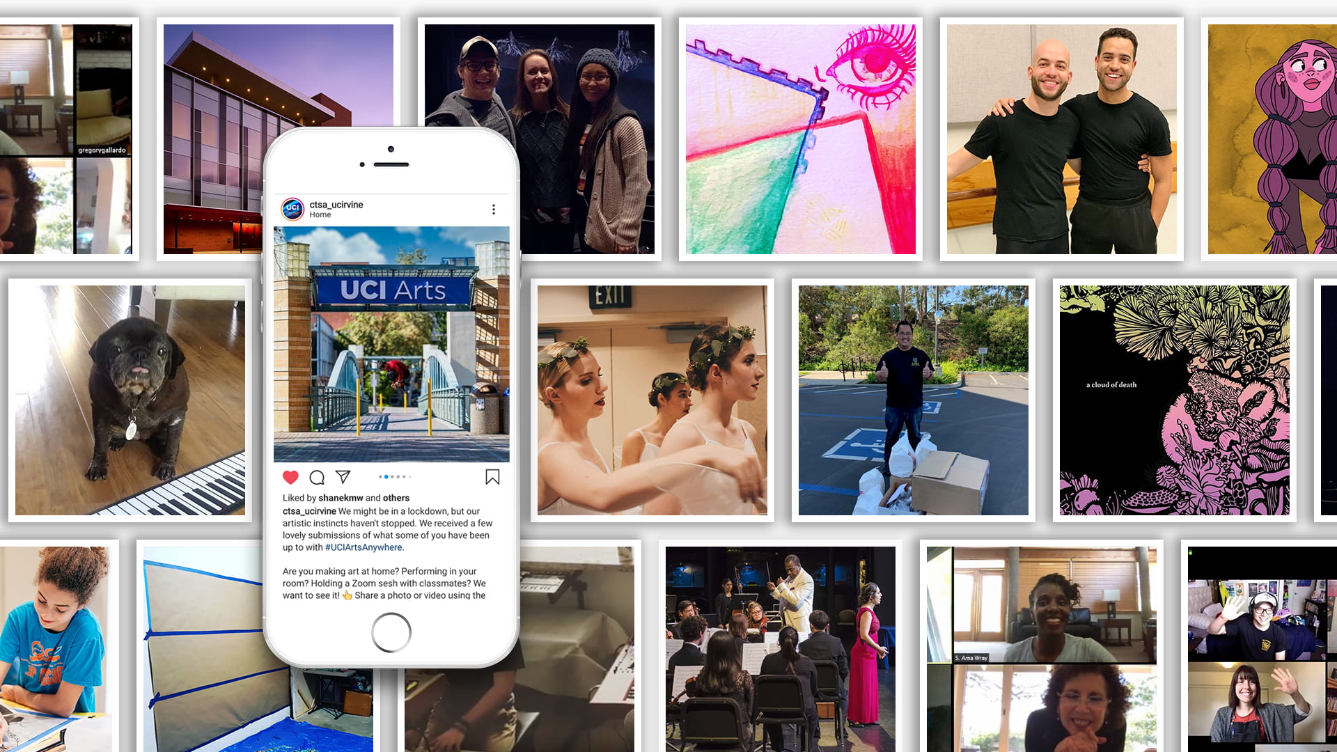 The Claire Trevor School of the Arts’ #UCIArtsAnywhere project encourages people to post photos or videos of themselves engaging with the arts on Instagram, Facebook and Twitter.