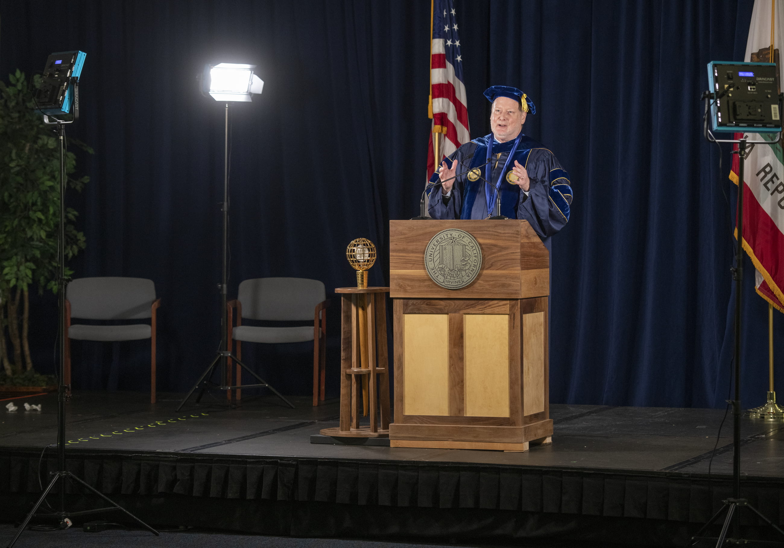 Chancellor Howard Gillman tapes commencement addresses in the Koll room in UCI's Bren Events Center