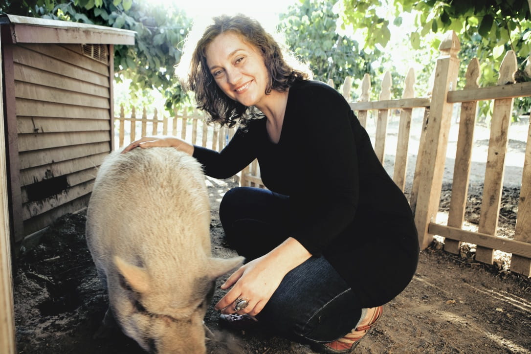 Brianne Donaldson, UCI assistant professor of philosophy and religious studies with a pig in a pen