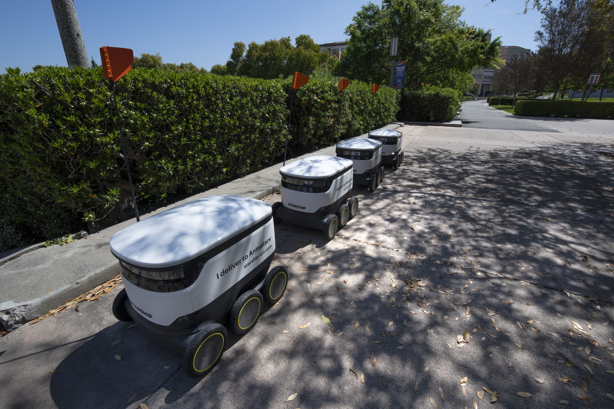Zot Bots stand ready for dispatch across campus by the four UCI eateries currently offering the delivery service.