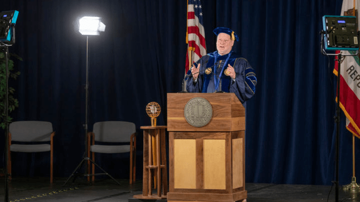Chancellor Howard Gillman tapes his address for UCI’s virtual commencement on June 13. More than 11,000 students will graduate this year, with over 7,400 participating in remote ceremonies.