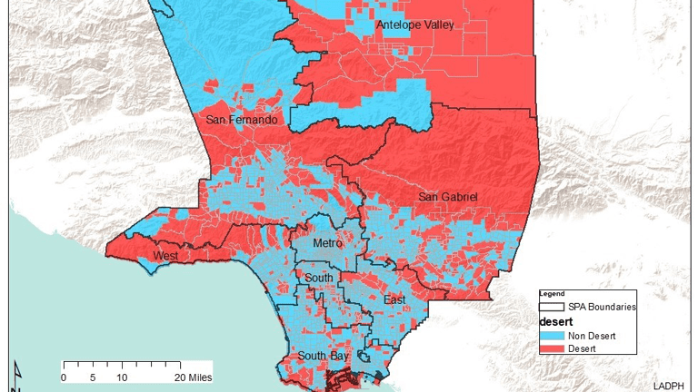 map identifies pharmacy deserts in Los Angeles County. Courtesy of Cheryl Wisseh