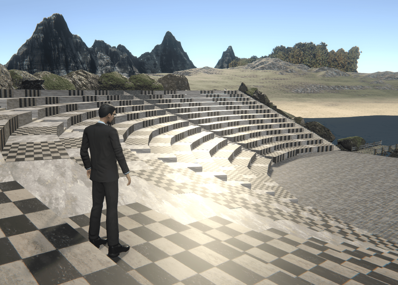 Avatar of a man looking down steps in a virtual landscape.
