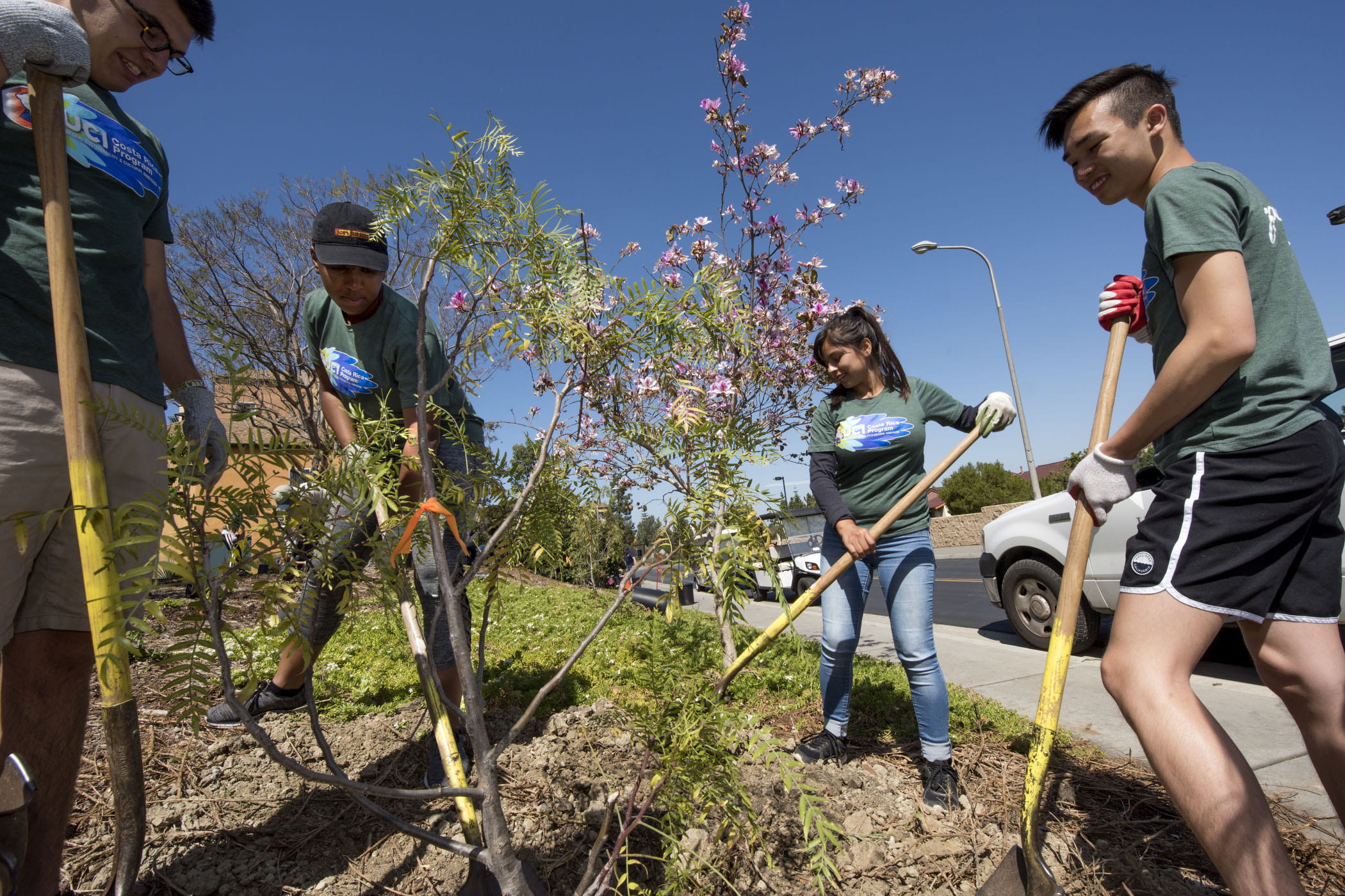 Campus housing and student volunteers plant various environmentally-friendly trees and ground cover in Palo Verde housing at UCI during Earth Week 2018.