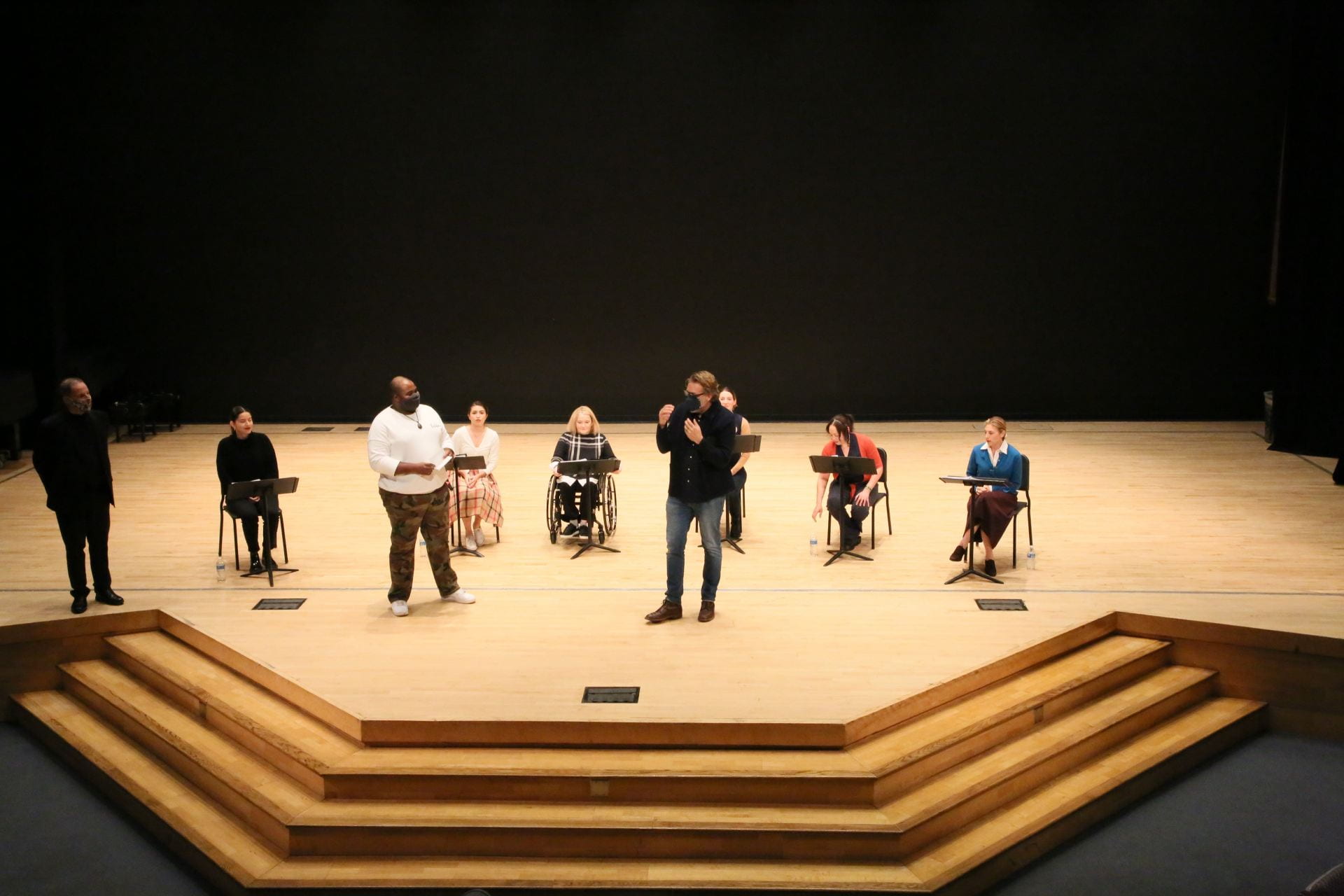 Actors working with South Coast Repertory perform a reading of an in-development play for an audience of UCI students at the campus’s Winifred Smith Hall.