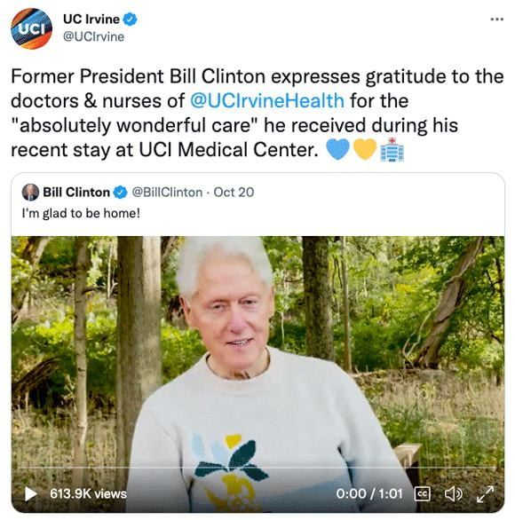 Former President Bill Clinton expresses gratitude to the doctors & nurses of @UCIrvineHealth