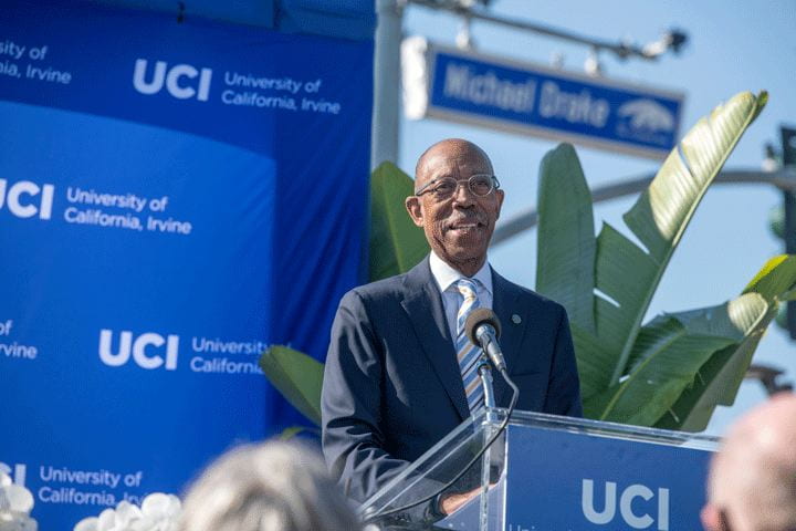 In recognition of his leadership during an era of unprecedented growth, UCI honored Chancellor Emeritus Michael V. Drake on June 4 by christening Michael Drake Drive.