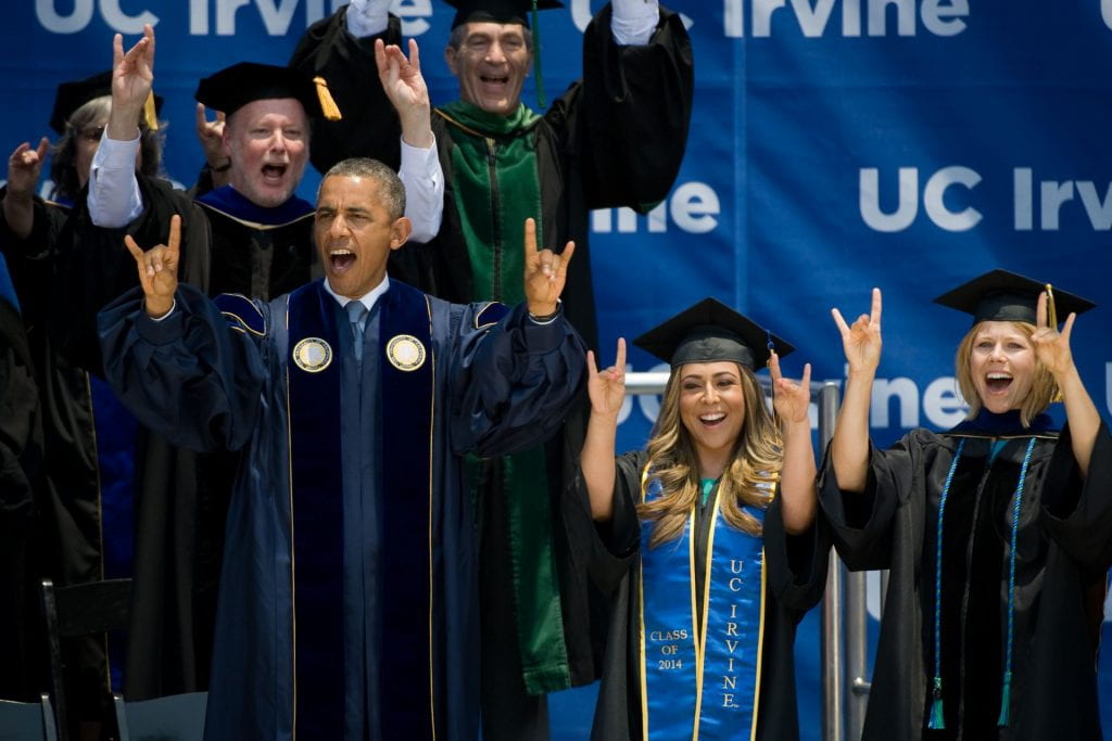 President Barack Obama spoke to excited Anteater students, families and supporters – and flashed the “Zot!” sign – at Angel Stadium for the 2014 commencement.