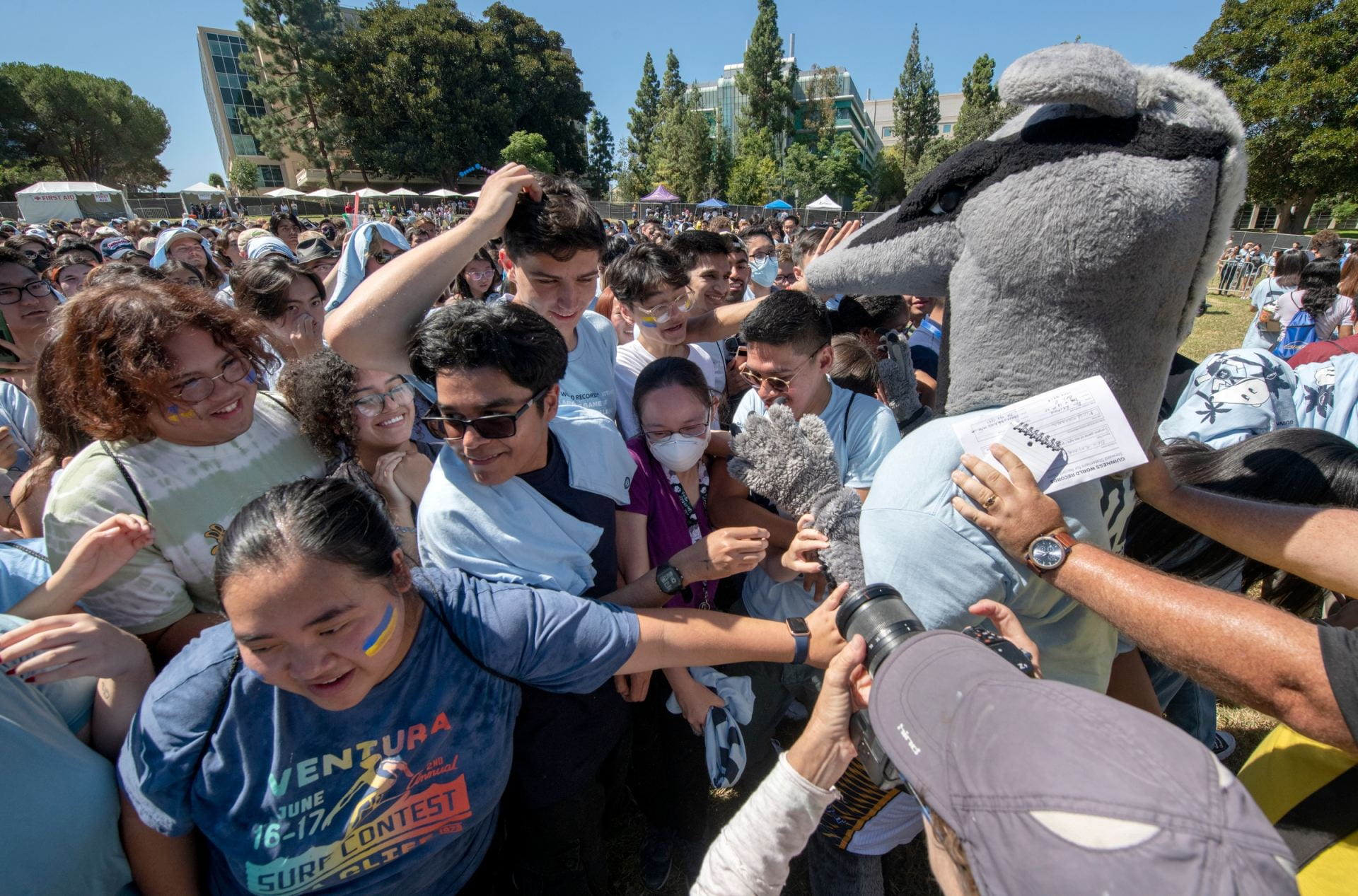 Peter the Anteaters joins the fun as UCI students celebrate their world-record-setting effort.
