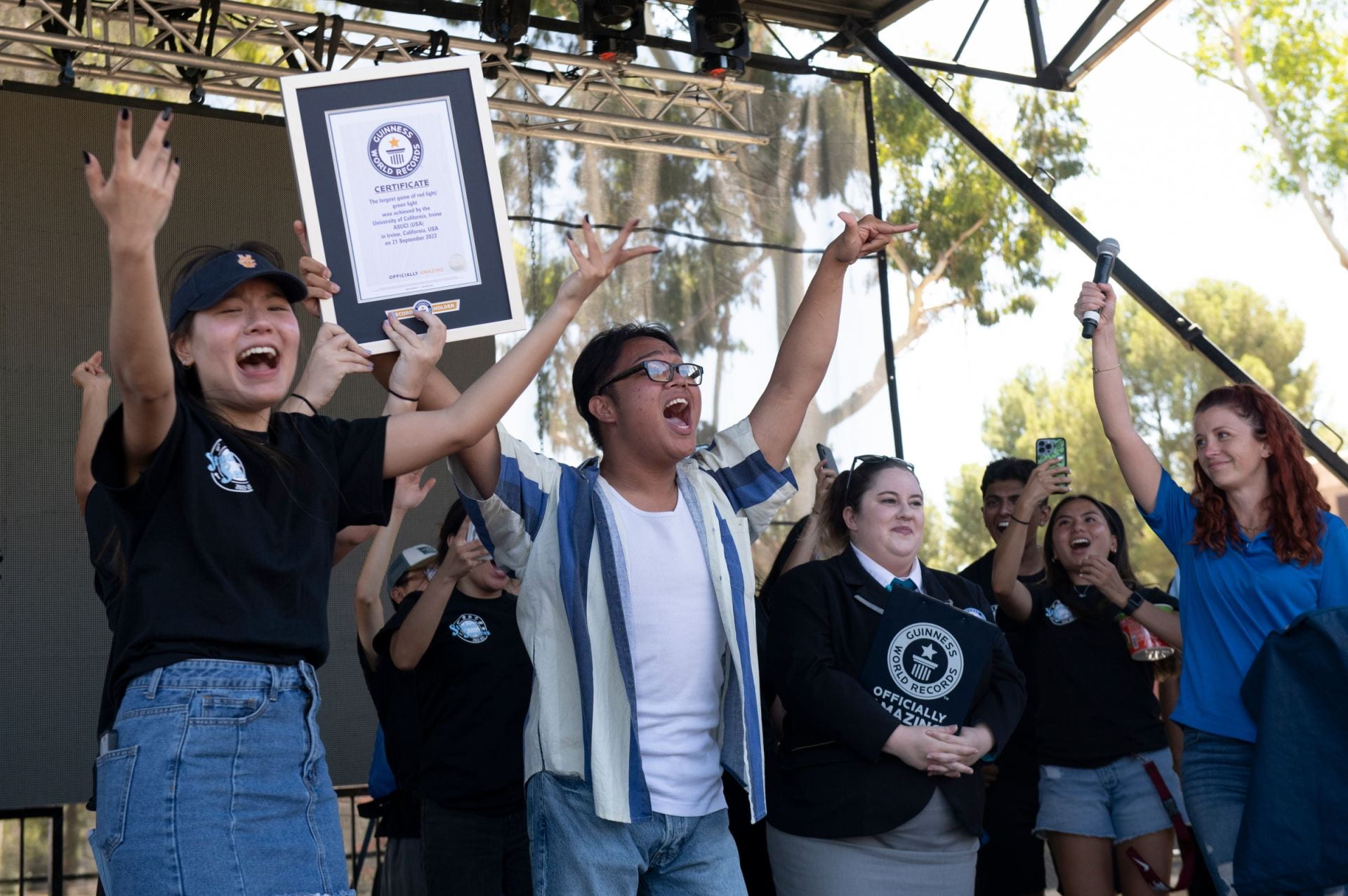 Students celebrate winning the Red Light Green Light World Record.