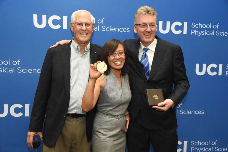 Nobel laureate David MacMillan, Ph.D. ’96, (right) visits UCI in May, enabling a reunion with his Ph.D. advisor Larry Overman, UCI Distinguished Professor emeritus, and Vy Dong, UCI professor of chemistry