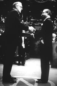 F. Sherwood Rowland (left) receives the Nobel Prize in chemistry from the king of Sweden in 1995.