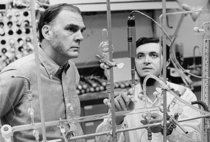 F. Sherwood Rowland (left) and Mario Molina, here in their UCI lab in the early 1970s, discovered how the ozone layer was being destroyed.