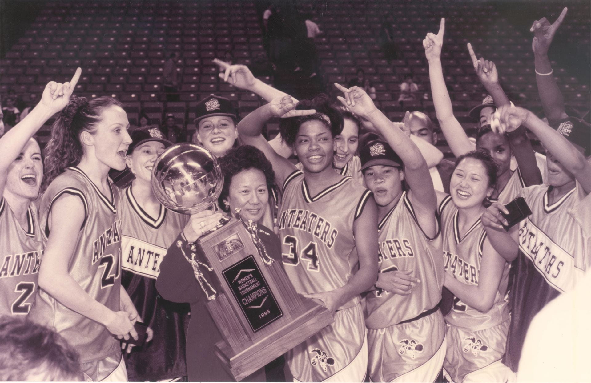 The 1995 UCI women's basketball team celebrating their Big West Tournament win.