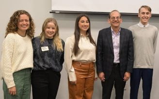 Emma Rosandich, Andrea Valentini, Elizabeth Hafen, Provost Hal Stern, and Owen Trimble (not pictured: John Robb and Michelle Wei)