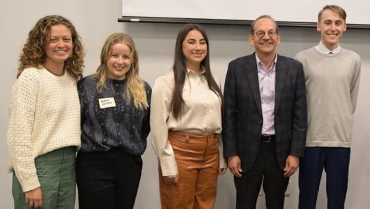 Emma Rosandich, Andrea Valentini, Elizabeth Hafen, Provost Hal Stern, and Owen Trimble (not pictured: John Robb and Michelle Wei)
