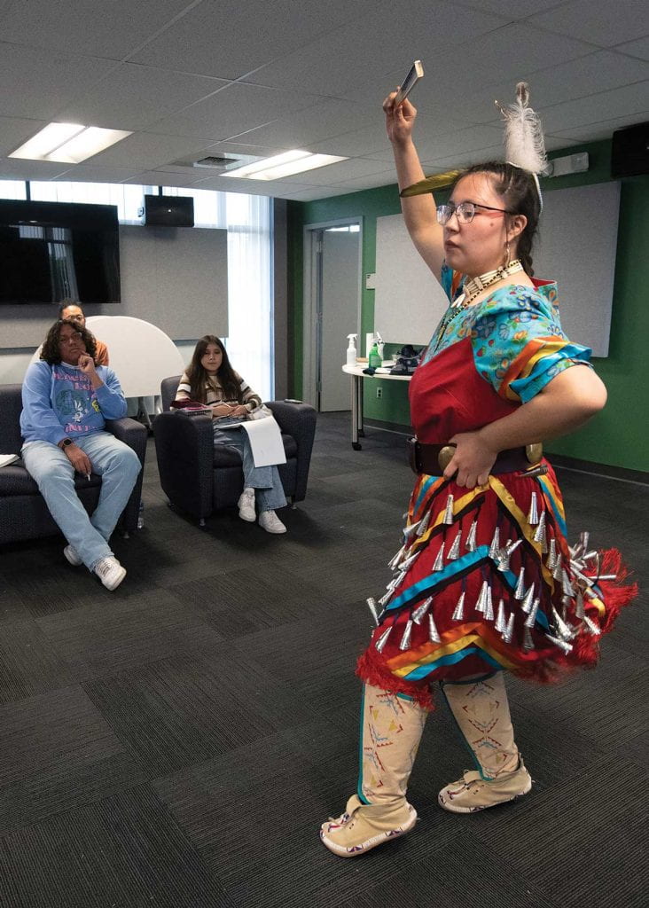 Lame Deer High School student Shandiin Kaline, from the Northern Cheyenne Indian Reservation in Montana, demonstrates freestyle Jingle Dress Dance at CTSA.from the Northern Cheyenne Indian Reservation
in Montana, demonstrates freestyle Jingle Dress Dance at CTSA.