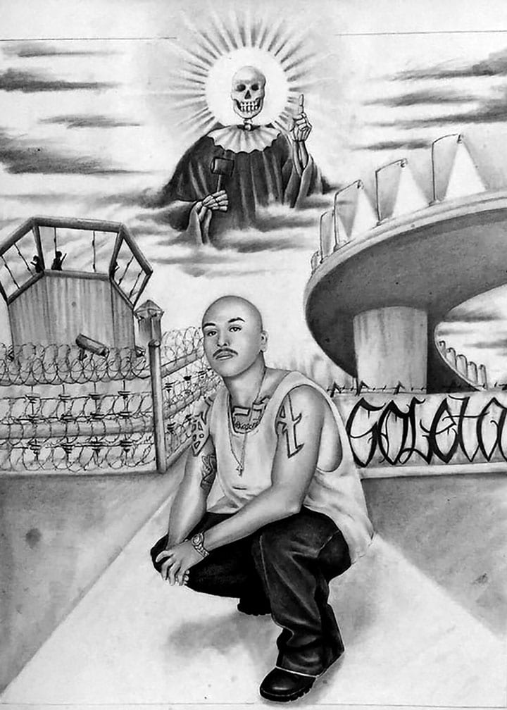 Black and white sketch self-portrait of Alberto Lule crouching with graffiti wall, freeway and correctional institution in background