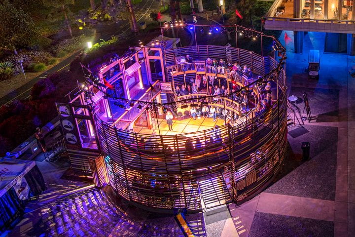 The pop-up New Swan Theater is modeled after Elizabethan stages where Shakespeare’s plays were first performed.