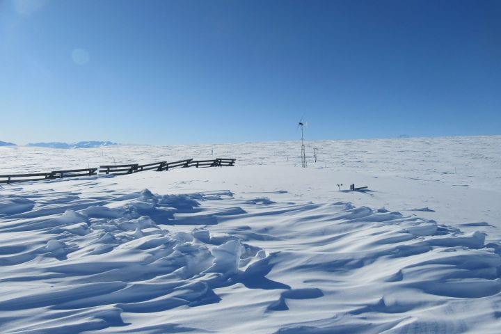 Snow field with the ITEX snow fence at Toolik Field Station in Alaska.