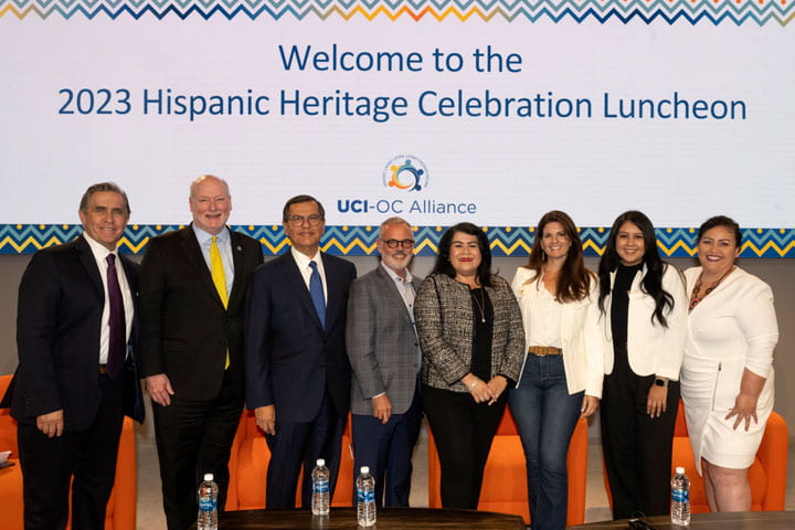 (Left to right: President and CEO of the Orange County Hispanic Chamber of Commerce Reuben Franco; UCI Chancellor Howard Gillman; Hon. Gaddi H. Vasquez; Sue & Bill Gross School of Nursing Dean Mark Lazenby; Wells Fargo Executive VP and Head of Hispanic and Latino Affairs, Patty Juarez; UCI alumnus Andy Paz; UCI Cancer Center Clinical Research Coordinator Judit Castellanos; UCI-OC Alliance Executive Director Maria Cervantes