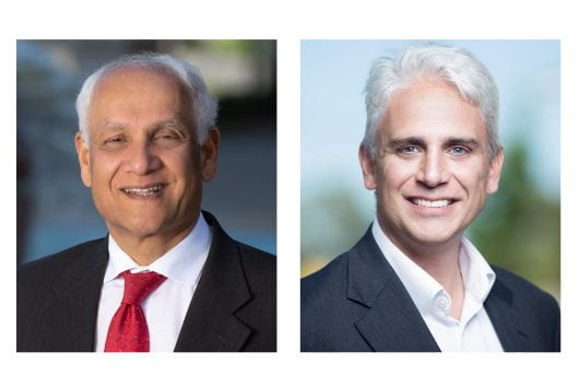 Pramod Khargonekar (left), UCI vice chancellor for research and UCI’s Chief Innovation Officer Errol Arkilic (right).