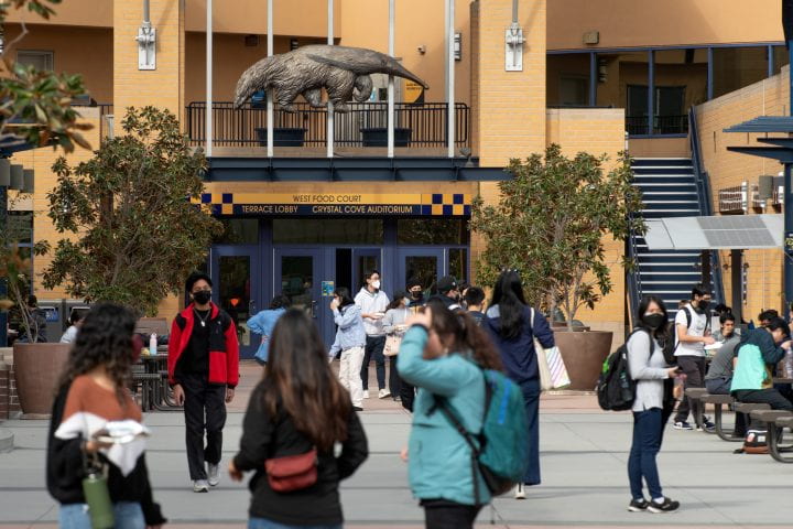 Students in front of the UCI Student Center.