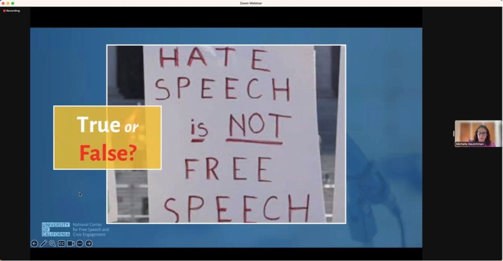 Picture of a zoom slide showing a poster that says: “Hate speech is not free speech – true or false?”