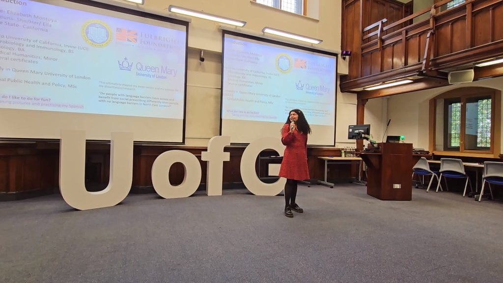 Fulbright recipient Elizabeth Yanira Montoya ’22, who earned a master’s degree in global public health and policy at Queen Mary University of London, presents her work at Fulbright’s U.K. wrap-up event at the University of Glasgow.
