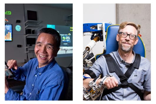 Guann-Pyng (G.P.) Li (left), UCI professor of electrical engineering and computer science, and David Reinkensmeyer, UCI professor of anatomy and neurobiology and mechanical and aerospace engineering.