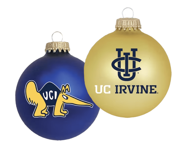 UCI branded ornaments featuring Peter the Anteater and UC Irvine logo