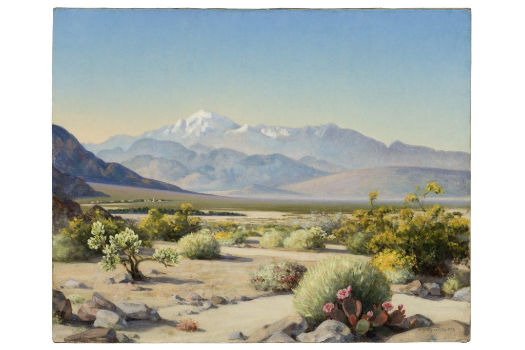 Agnes Pelton, San Gorgonio in Spring, 1932, Oil on canvas, 24 x 30 in. The Buck Collection at UCI Jack and Shanaz Langson Institute and Museum of California Art shows a desert landscape with snow capped mountains in the background.