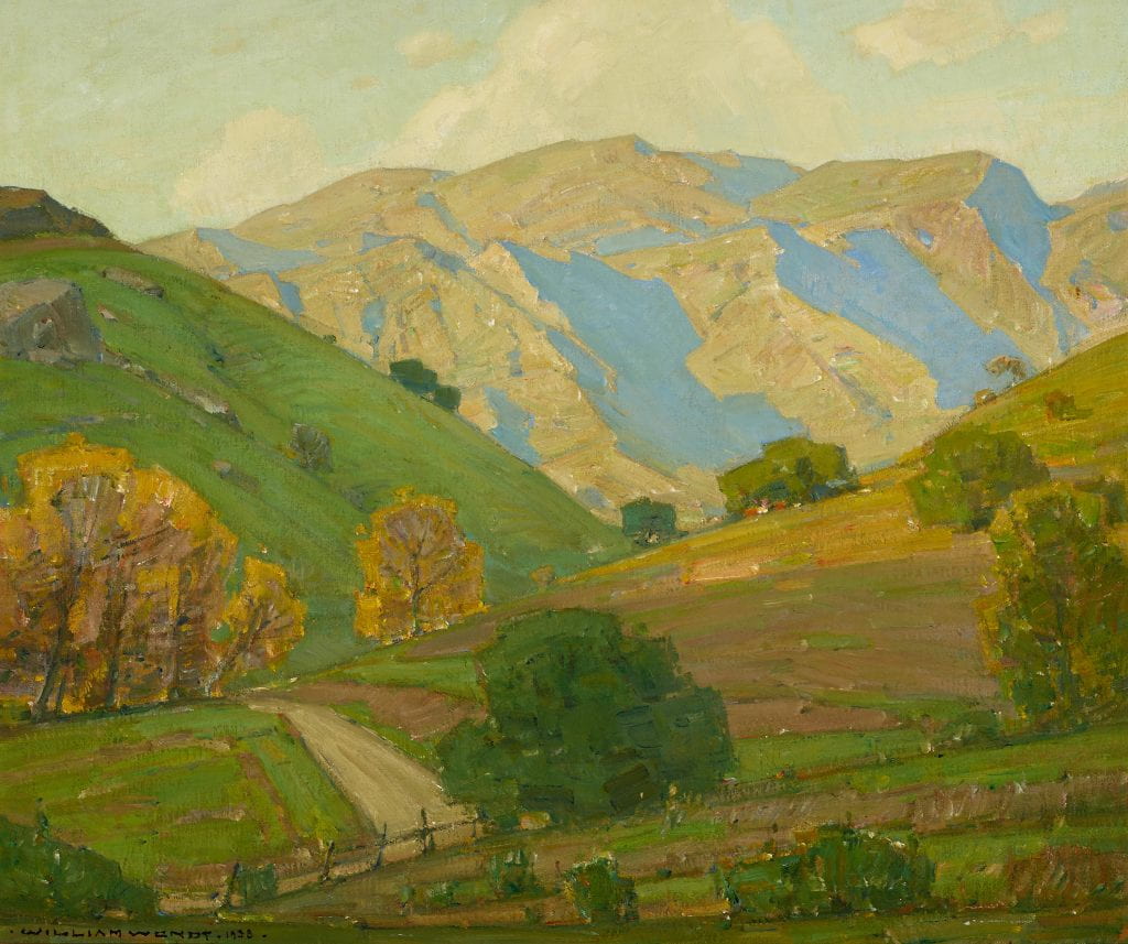 Painting of fields and mountains. William Wendt’s “Gentle Evening Bendeth” (1938, Oil on canvas, 46 x 40 in.)