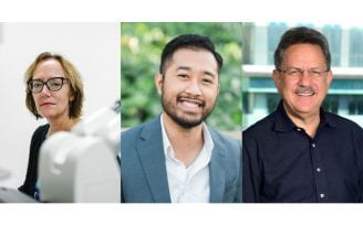 Anne Calof, UCI professor of anatomy and neurobiology; Stephenson Chea, UCI developmental and cell biology graduate student researcher; and Dr. Arthur Lander, UCI Donald Bren Professor and Distinguished Professor of developmental and cell biology.