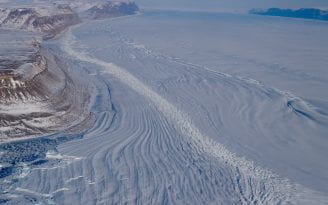 A glacier in a fjord in Greenland.