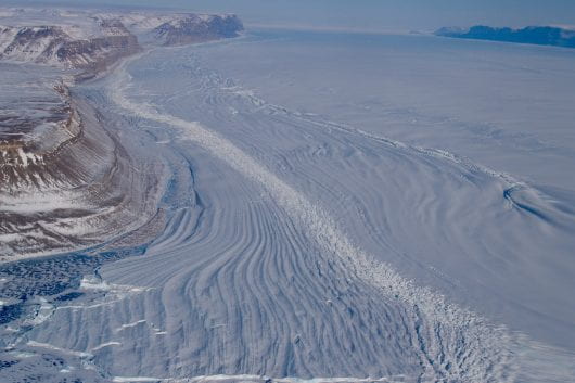 A glacier in a fjord in Greenland.