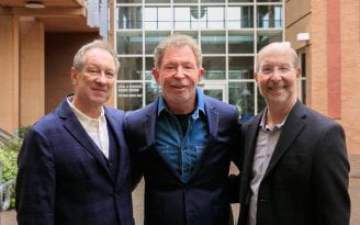 Richard Matthew (left), UCI professor of urban planning and public policy, Alec Glasser (center), founder and CEO of The Drake Gives and Jon Gould (right), dean of UCI’s School of Social Ecology.