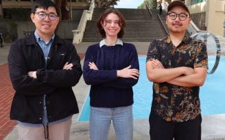 Left to right, Hui Wang, Allison Welch and Jinhyuk Kim, graduate students in the UC Irvine Department of Earth System Science.