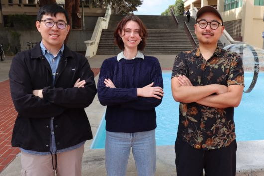 Left to right, Hui Wang, Allison Welch and Jinhyuk Kim, graduate students in the UC Irvine Department of Earth System Science.