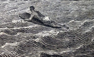 This first printed illustration of someone surfing (bottom, center-left) appears in James Cook’s "A Voyage to the Pacific Ocean." UCI Libraries has a first-edition copy of the journal, which chronicles the British explorer’s 1779 expedition to Hawaii. John Webber