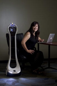 “Every year, large numbers of K-12 students are not able to go to school due to illness, which has negative academic, social and medical consequences,” says UCI doctoral student Veronica Newhart, lead author of a study on the benefits of telepresence robots, such as the one shown. Steve Zylius / UCI