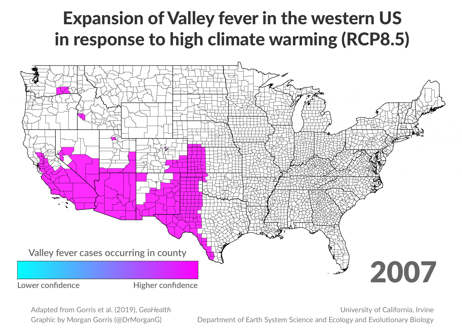 The gif shows Valley fever spreading from the southwest up through the midwest by 2095