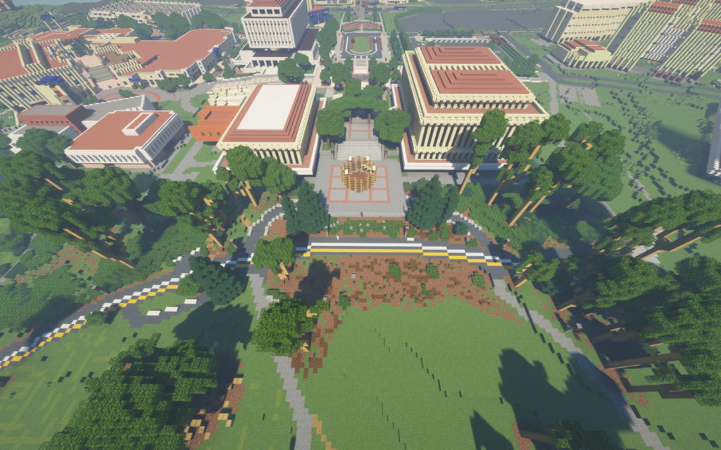 Minecraft UCI’s live map shows an aerial view of Aldrich Park facing Gateway Plaza, between Langson Library and Gateway Study Center – complete with the New Swan theater-in-the-round.