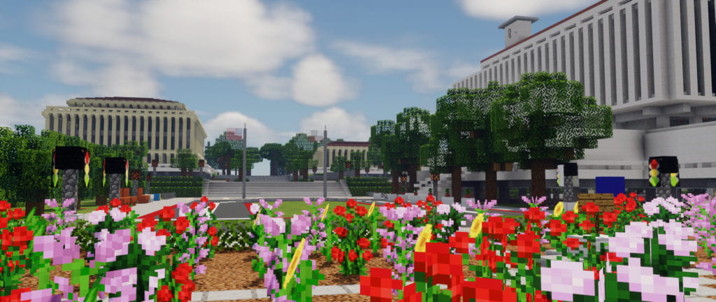 The full-size digital replica of UCI includes the rose garden and flagpoles outside Aldrich Hall in @minecraft.uci on Instagram